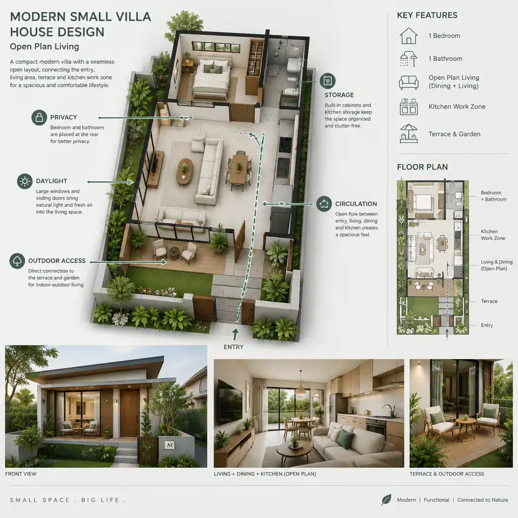 Modern villa open-plan layout organized around daily routines and site conditions