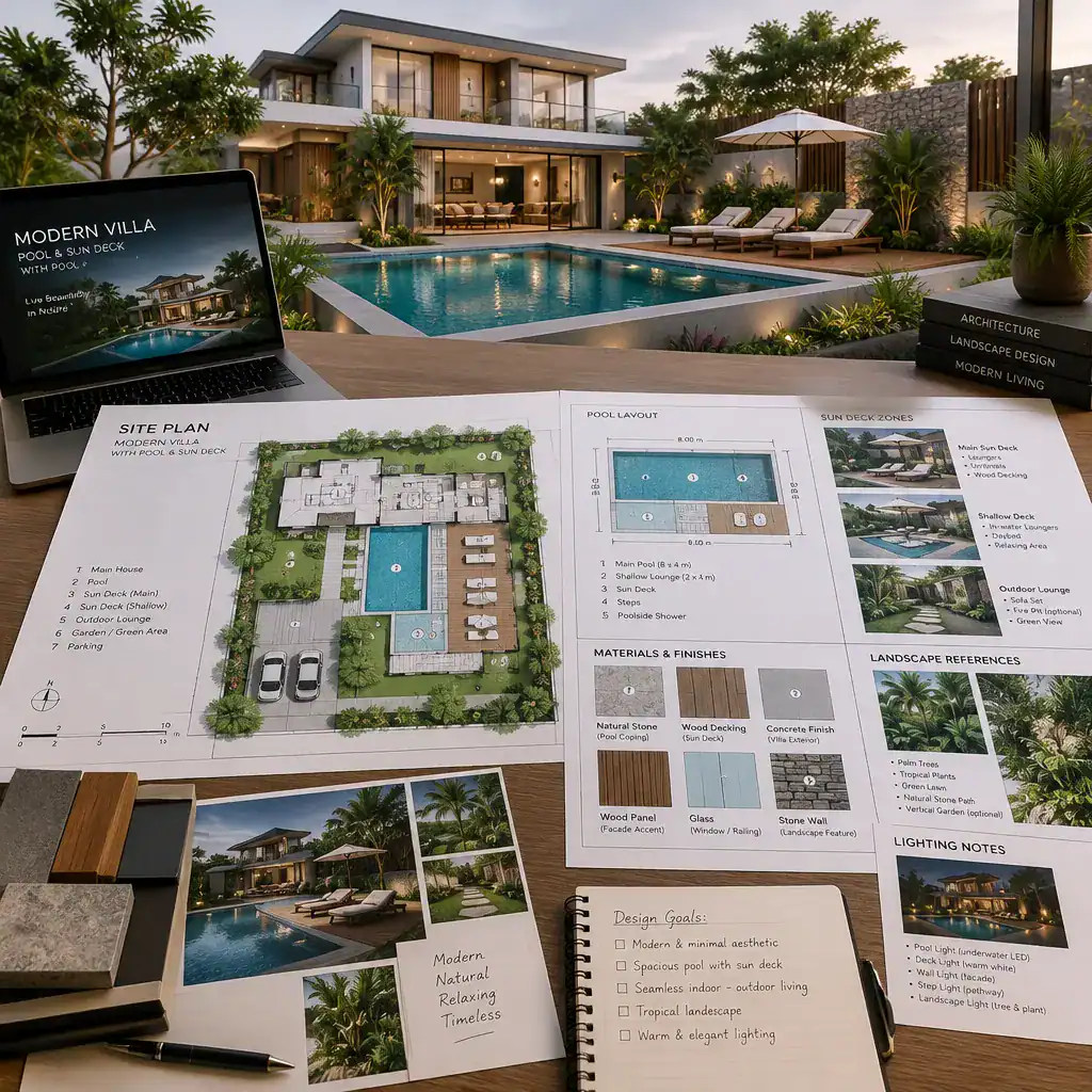 Modern villa pool and sun deck design planning review