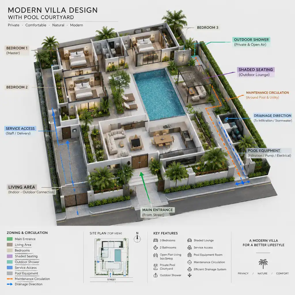 Modern villa pool courtyard layout with practical circulation zones