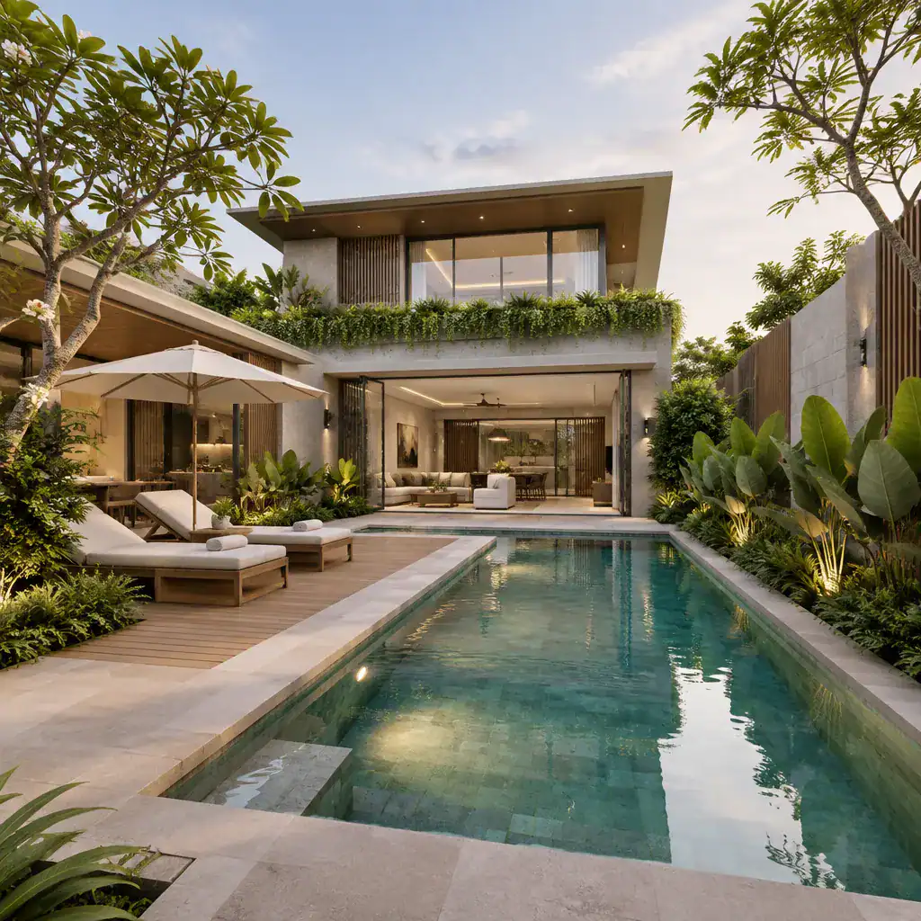 Modern villa pool garden with coordinated materials and privacy planting