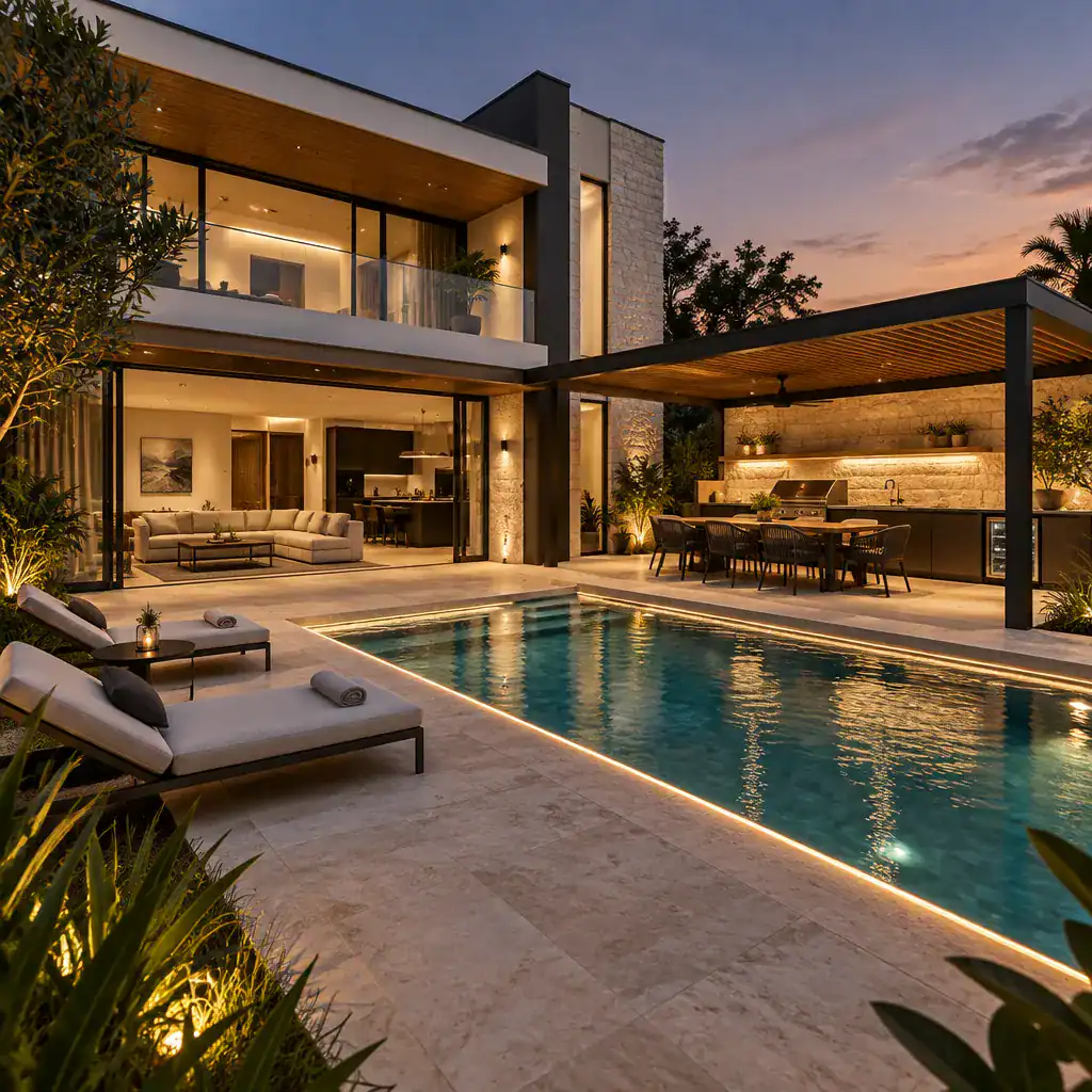 Modern villa pool terrace with outdoor lighting and shade