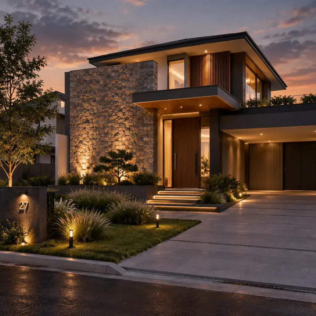 Modern villa stone accent facade enhanced by warm exterior lighting and landscaping