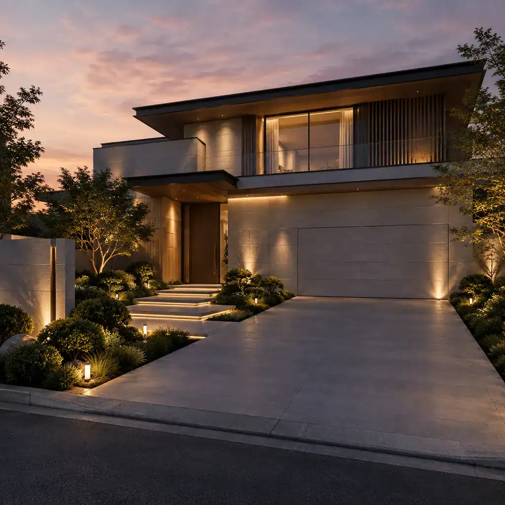 Modern villa with concealed garage door and coordinated landscaping