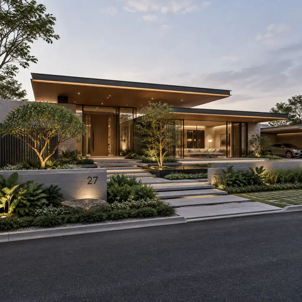 Modern villa with floating roofline and coordinated landscaping