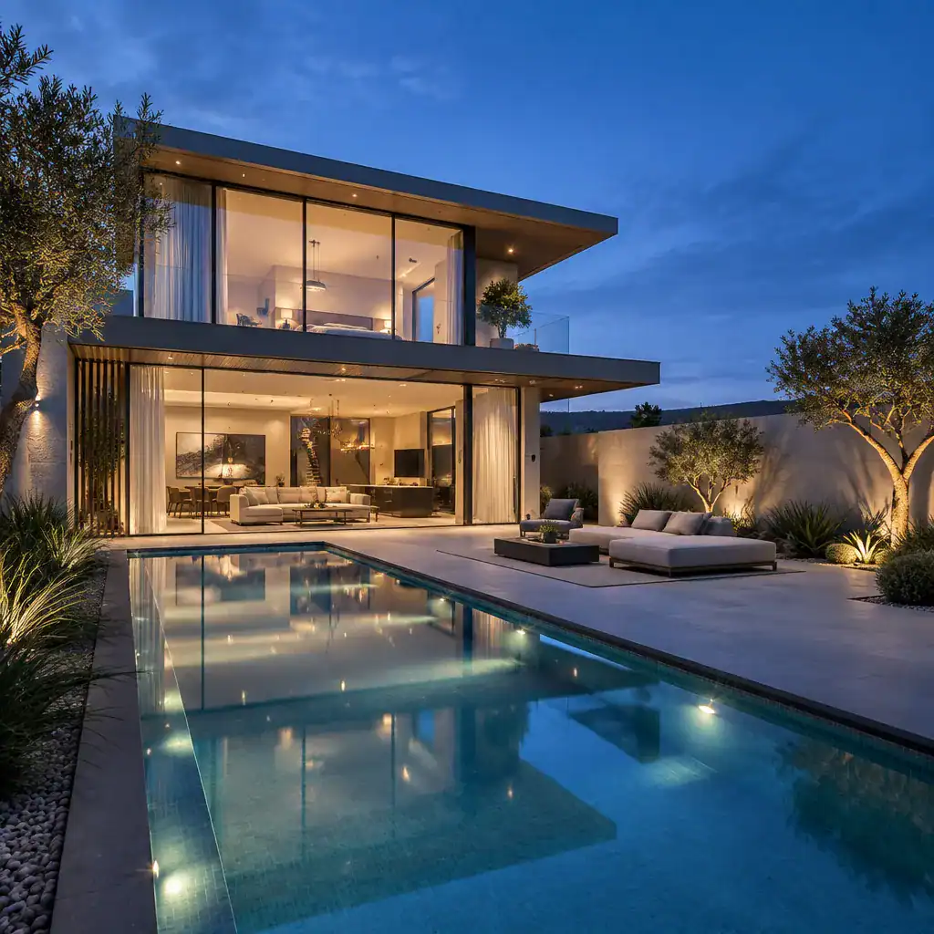 Modern villa with floor-to-ceiling windows connected to outdoor living