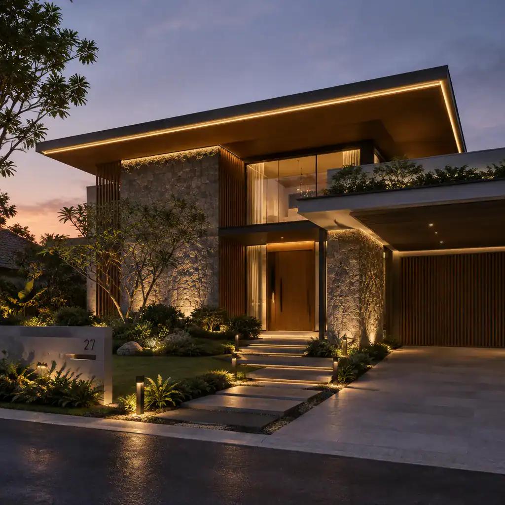 Modern villa with illuminated floating roofline at night