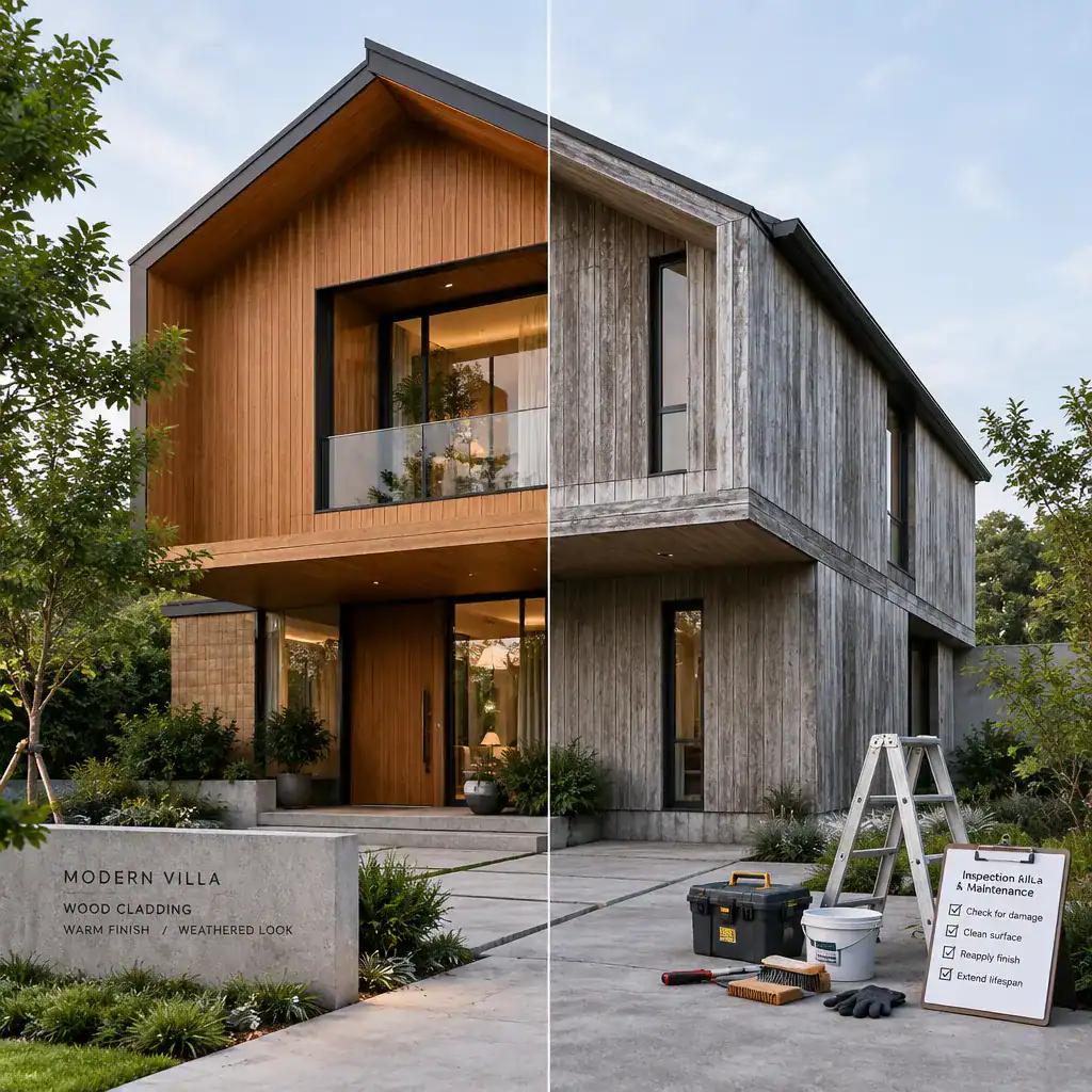 Modern villa wood cladding with maintained and weathered finish options