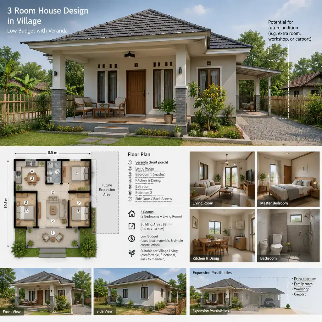 Modest finished village villa with veranda and phased upgrades