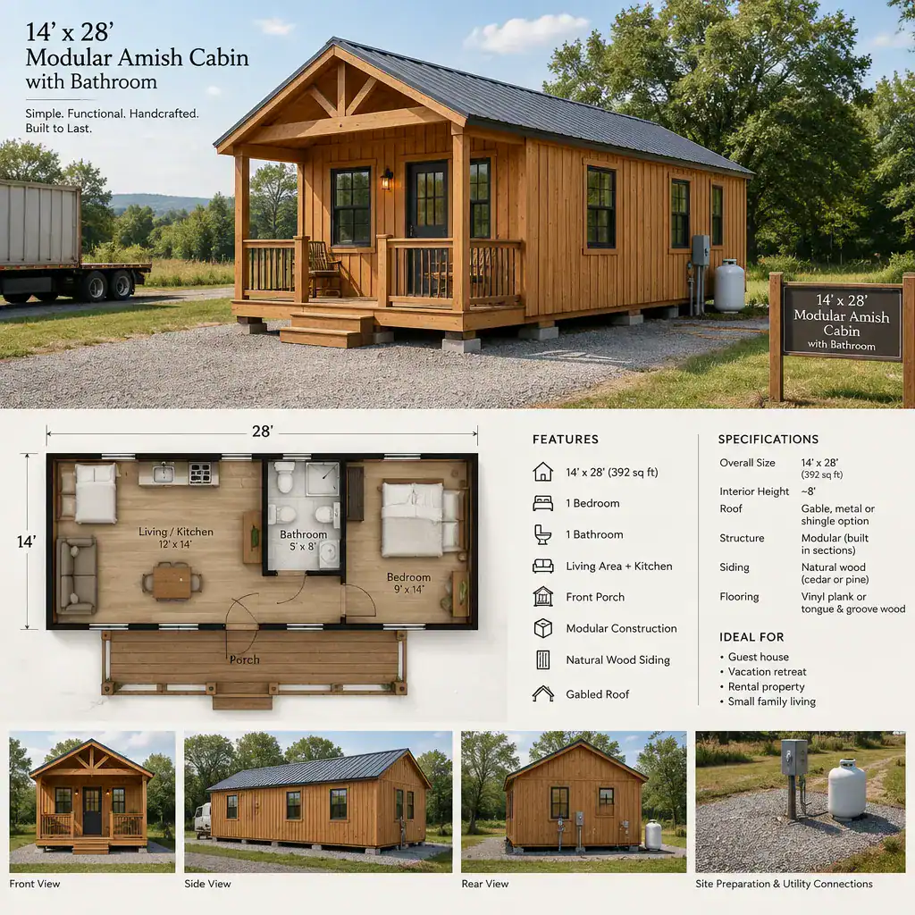 modular Amish-inspired cabin exterior