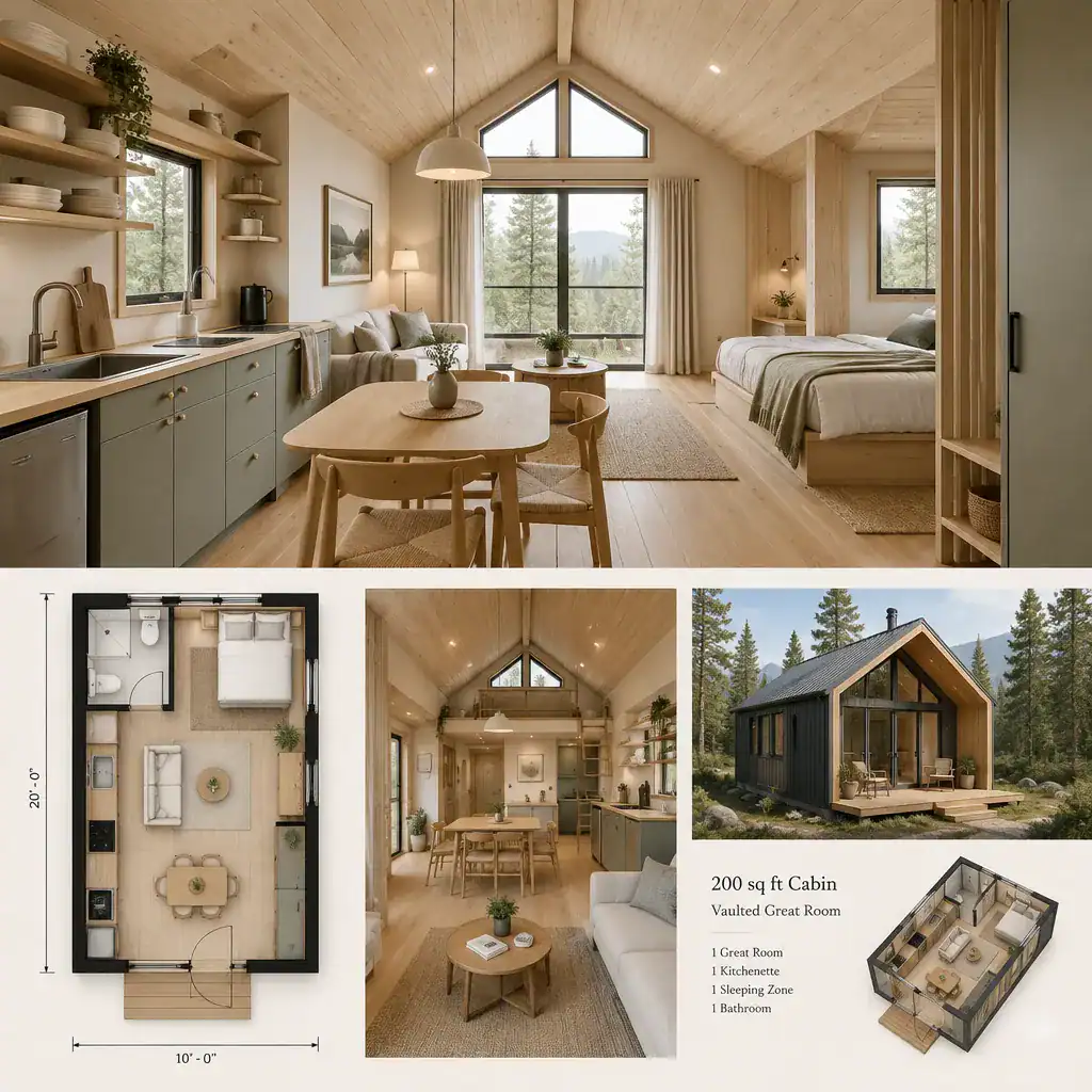 Multifunctional layout for a small cabin great room