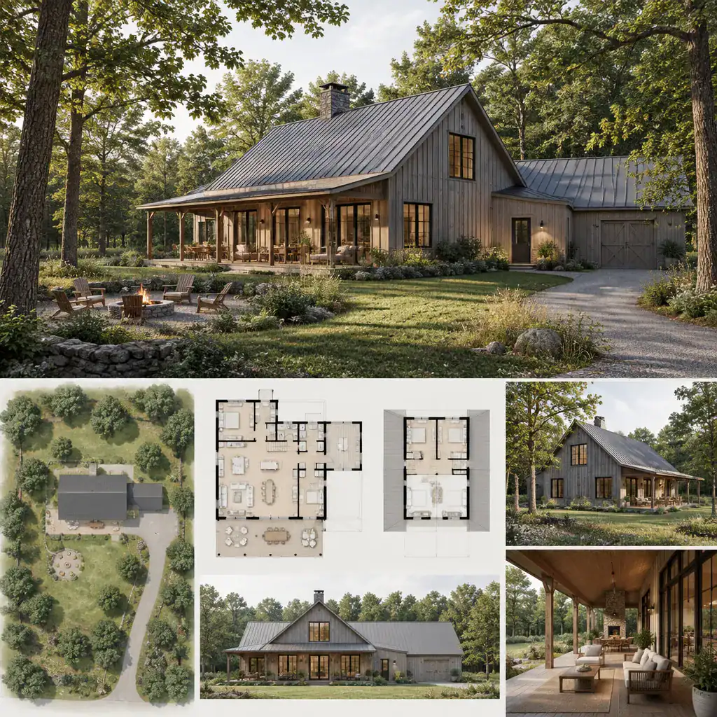 New England barn house positioned within a wooded rural landscape