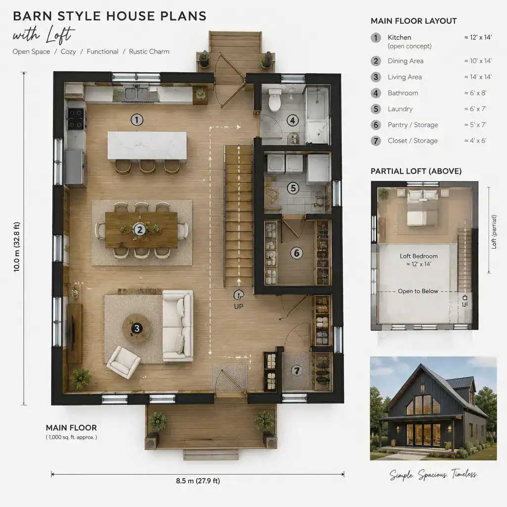 Open barn house floor plan with kitchen living area and loft staircase