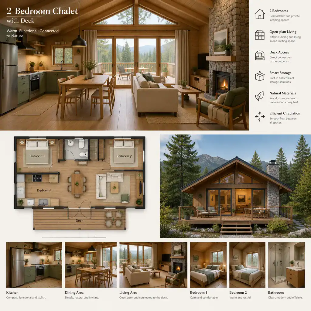 Open kitchen and living area leading to a chalet deck