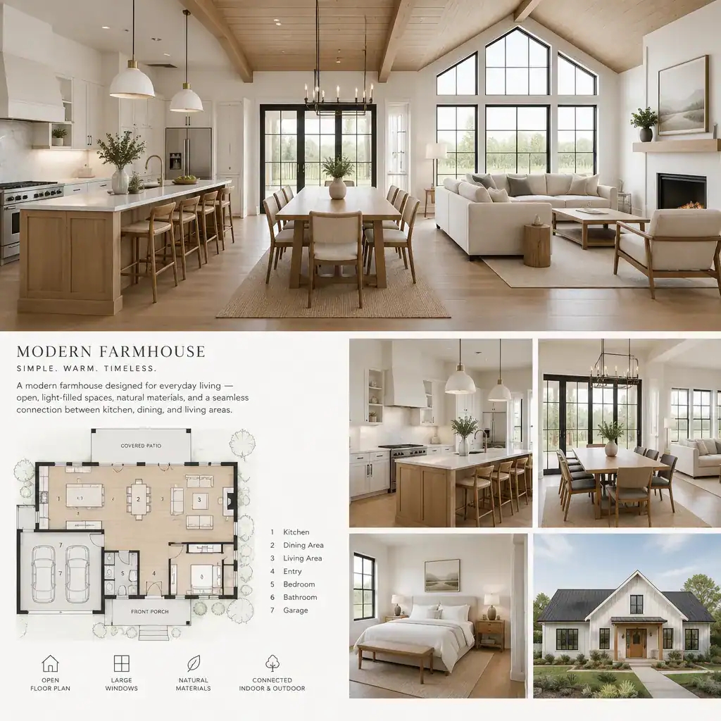 Open modern farmhouse interior with connected kitchen, dining, and living areas