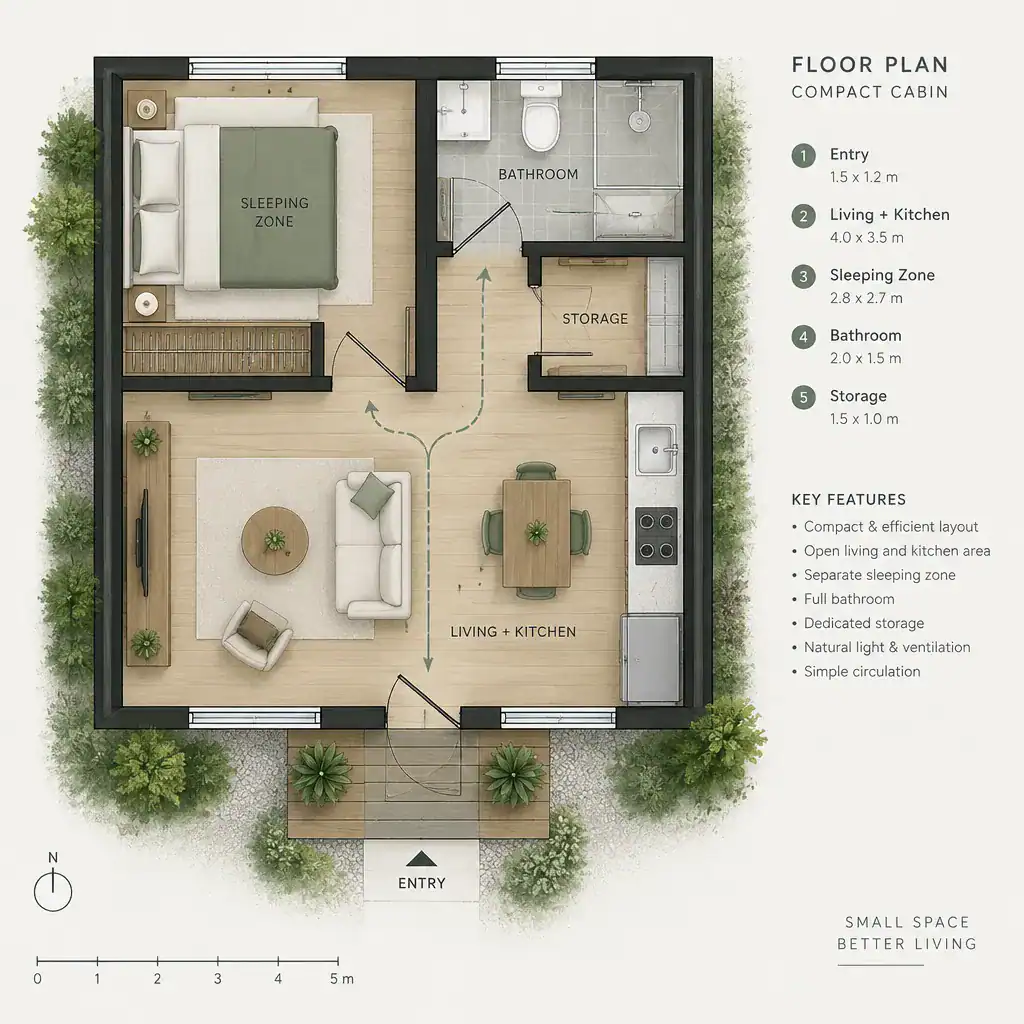 Organized compact cabin floor plan with practical circulation
