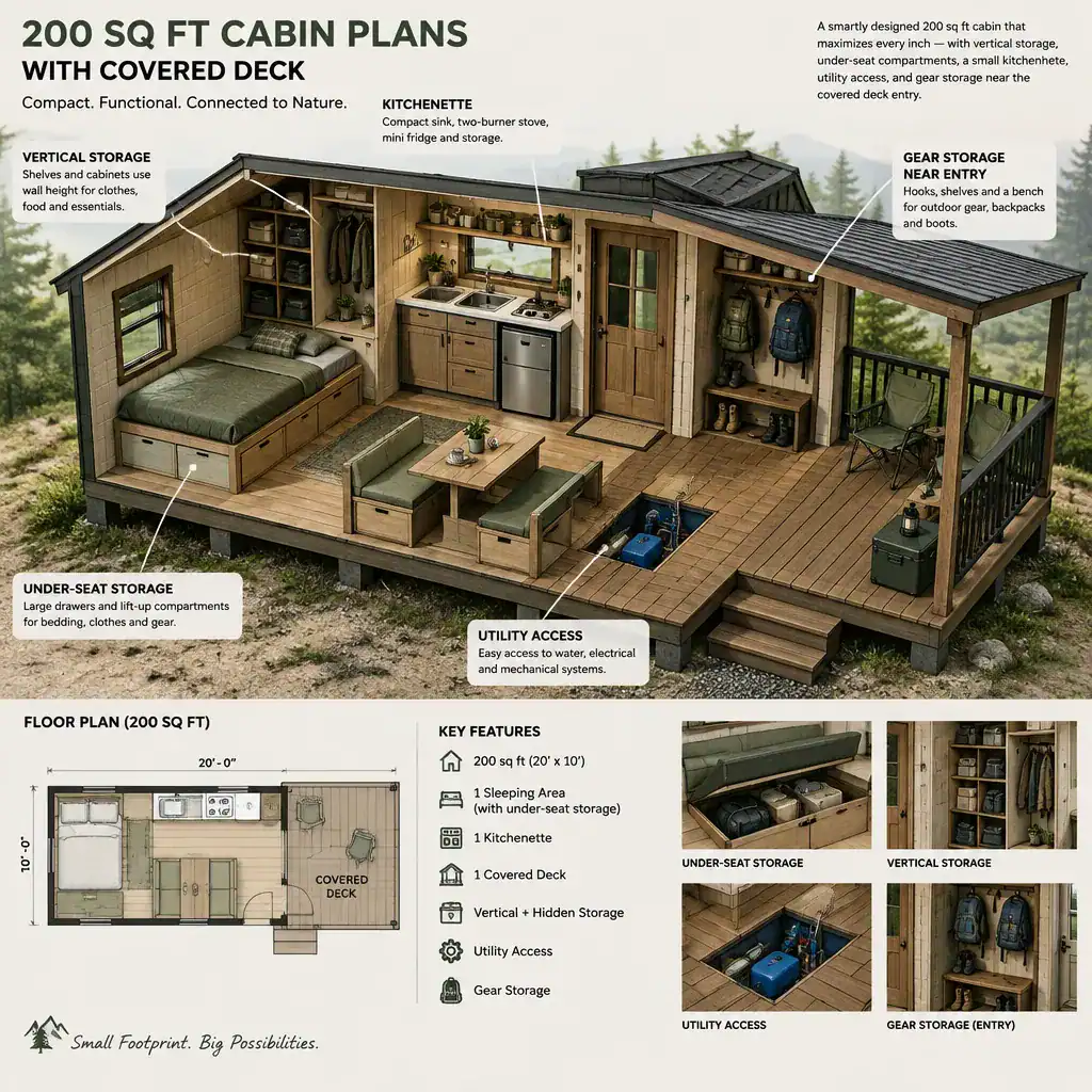 Organized storage and utility zones inside a compact cabin