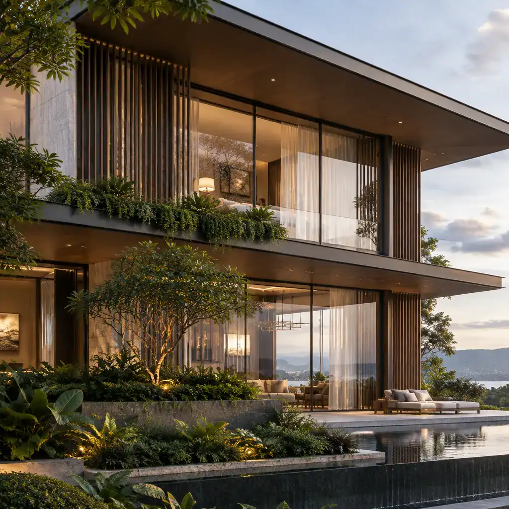 Panoramic villa glazing with overhangs and privacy screens
