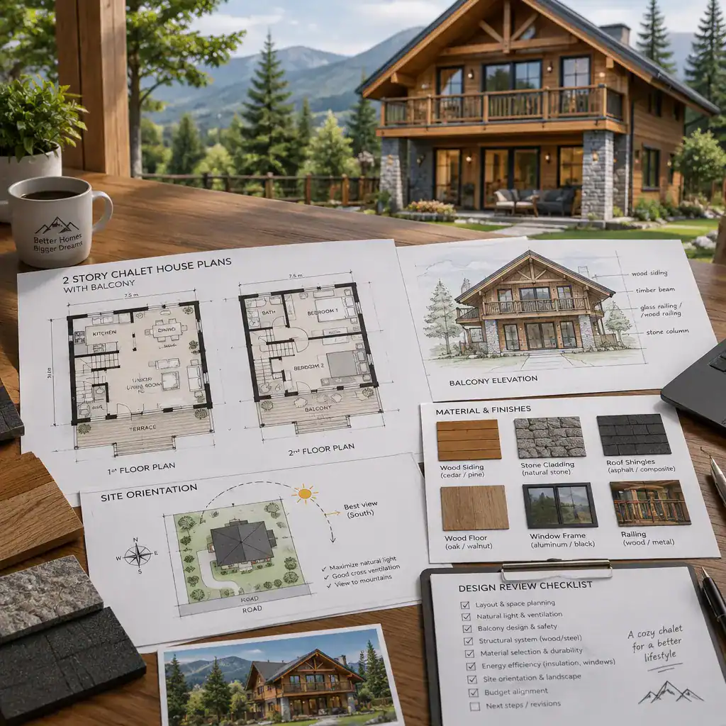 Planning checklist and balcony sketches for customizing a chalet house plan