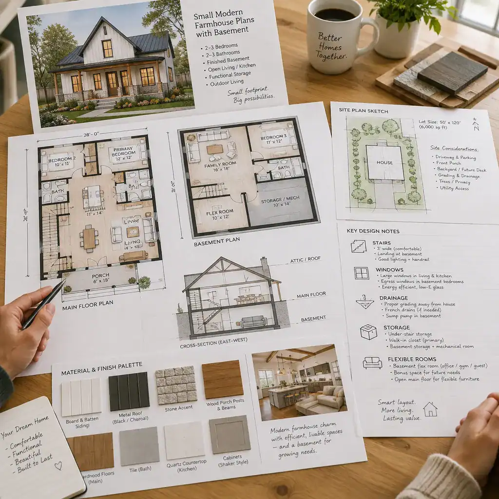 Planning checklist and basement floor plan for a small modern farmhouse