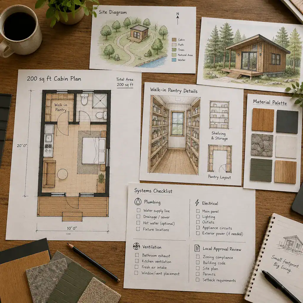 Planning checklist and floor plan for a compact cabin with pantry