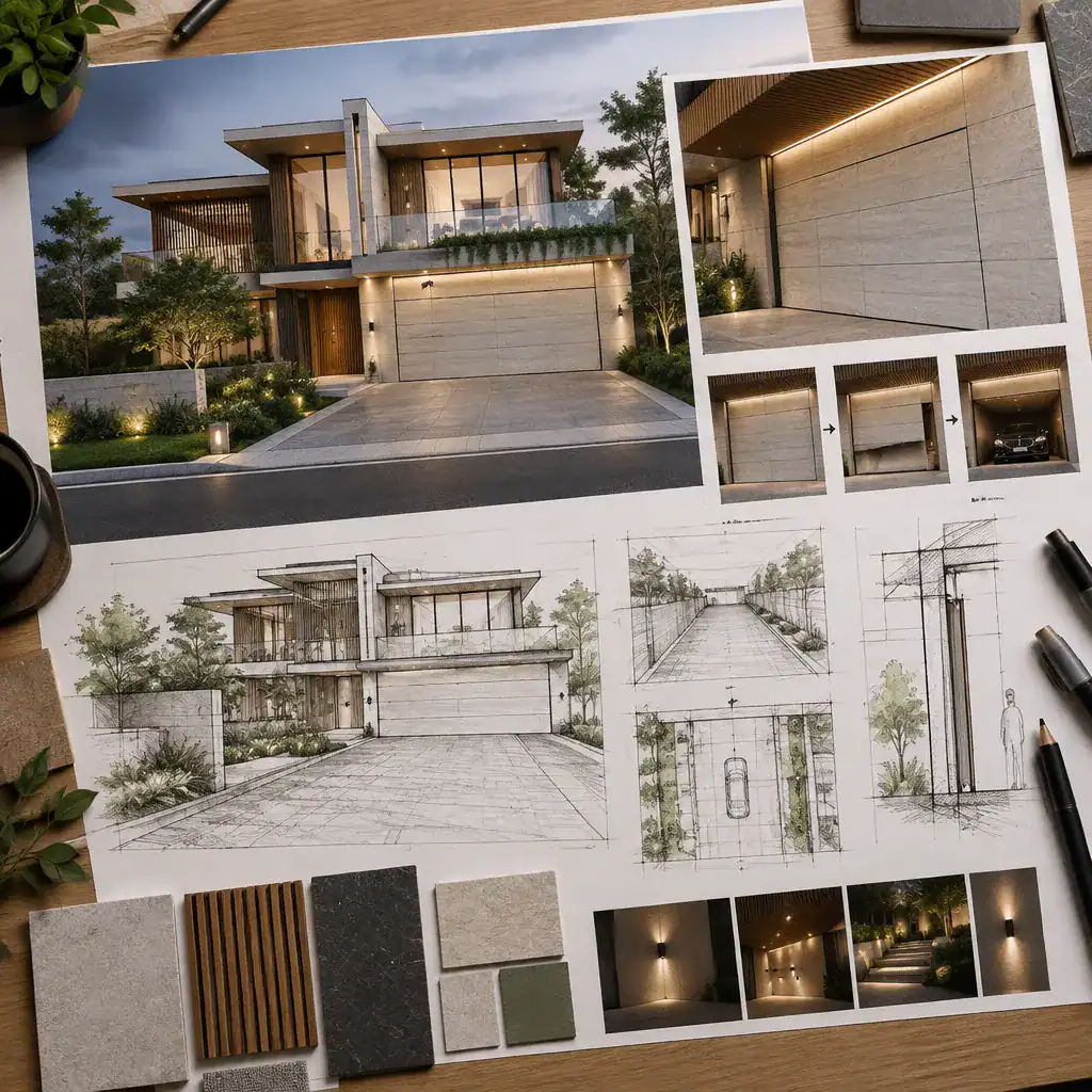 Planning details for a concealed garage door villa exterior