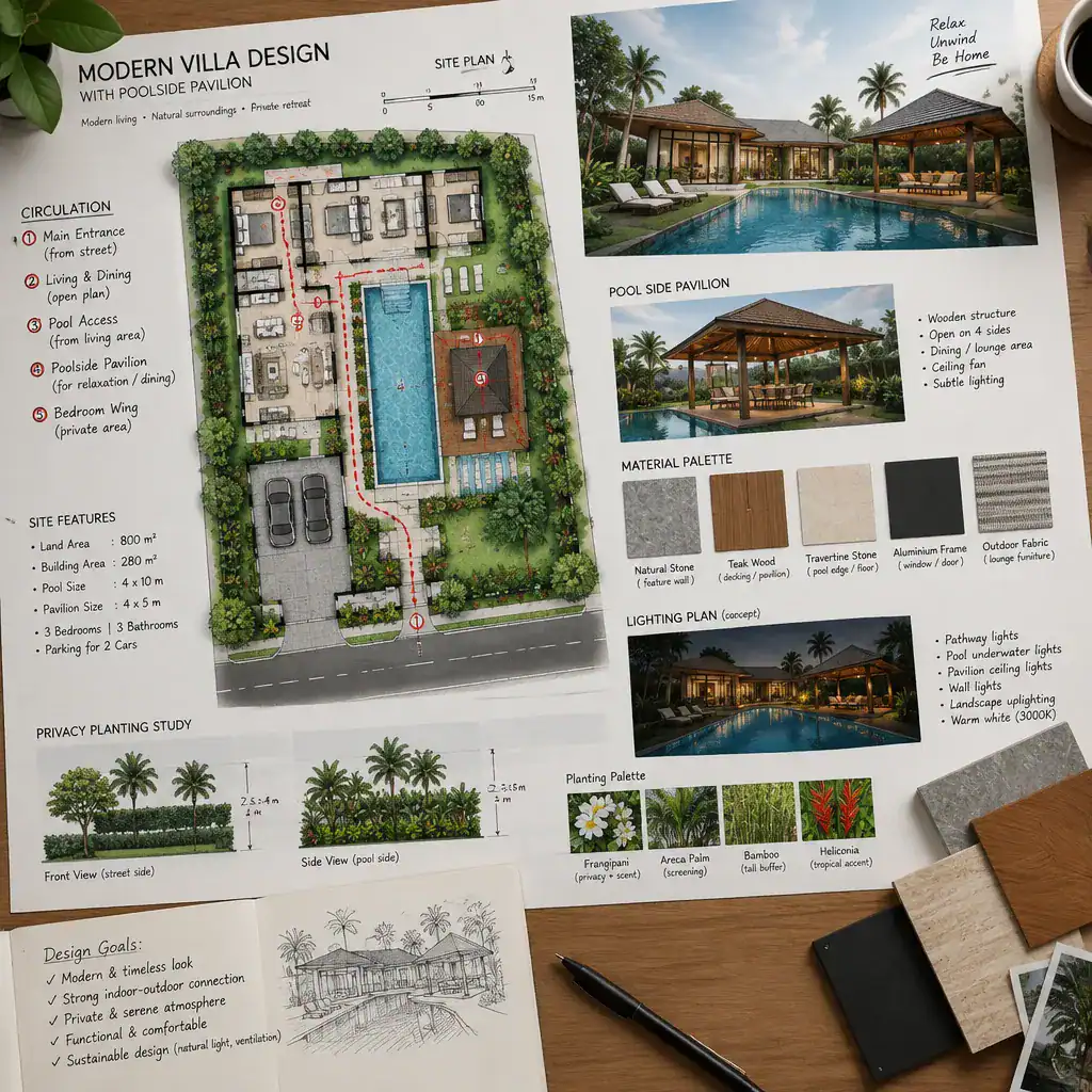 Planning layout for a modern villa pool pavilion