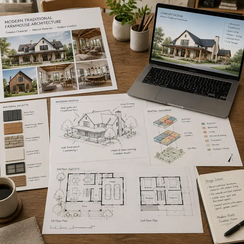 Planning materials for a modern traditional farmhouse architecture concept