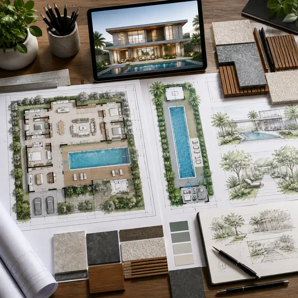 Planning materials for a modern villa with a heated lap pool