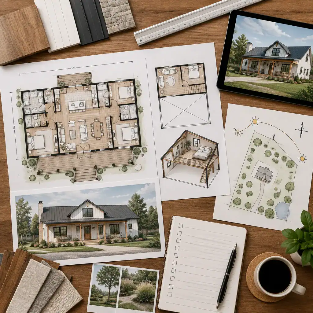 Planning materials for evaluating a one-story farmhouse with loft