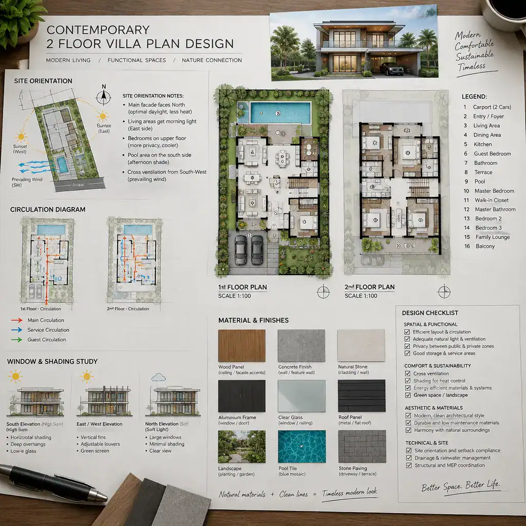Planning workspace for reviewing a contemporary two-floor villa design