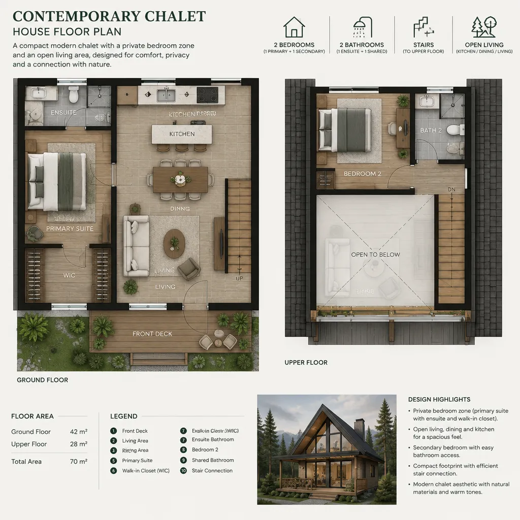 Private bedroom zoning in a contemporary chalet floor plan