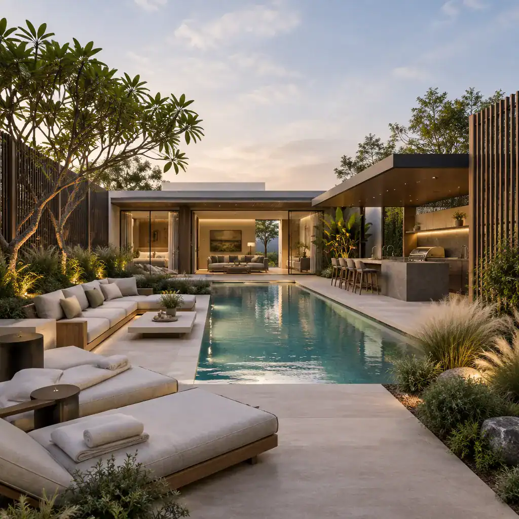 Private modern villa pool courtyard with landscaped outdoor zones