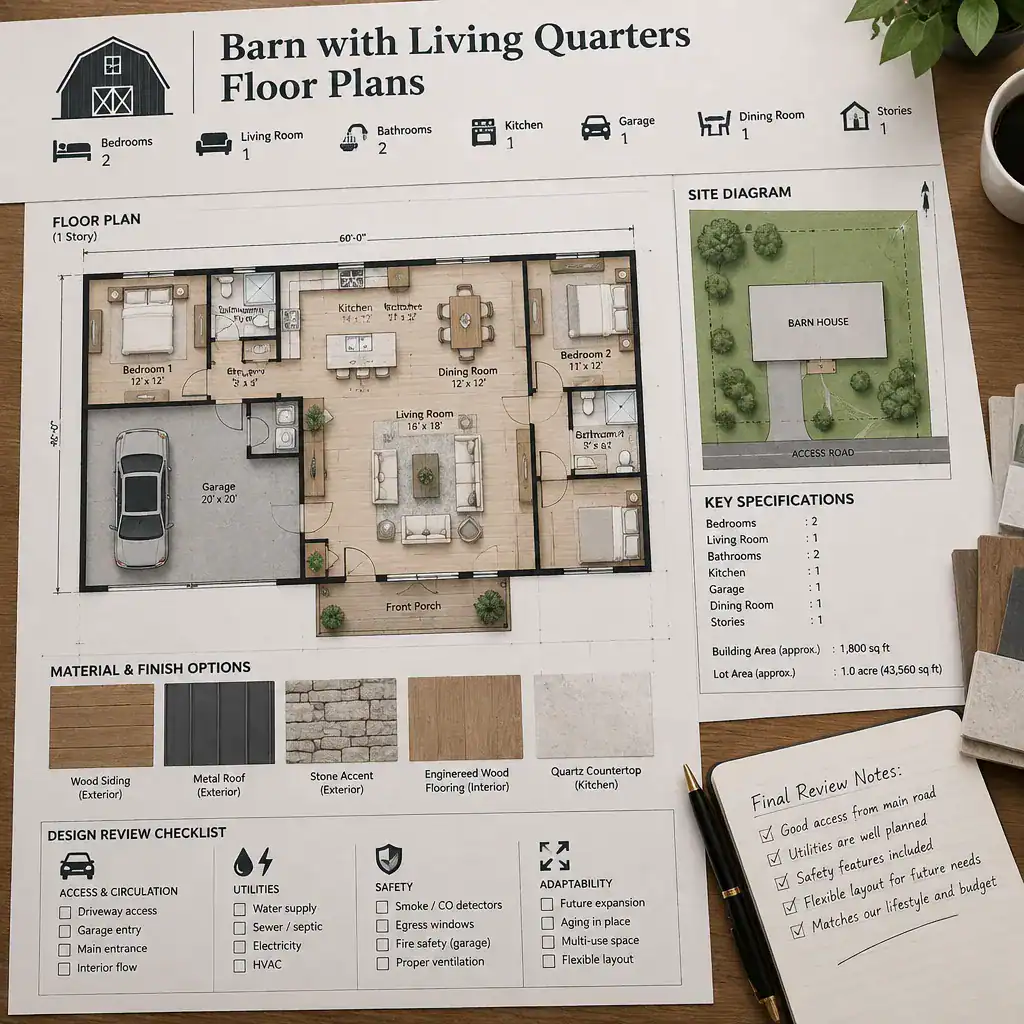 Professional review of a barn house living quarters floor plan