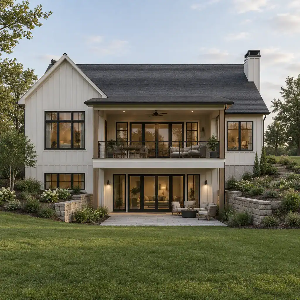 Rear elevation of a modern farmhouse walkout basement