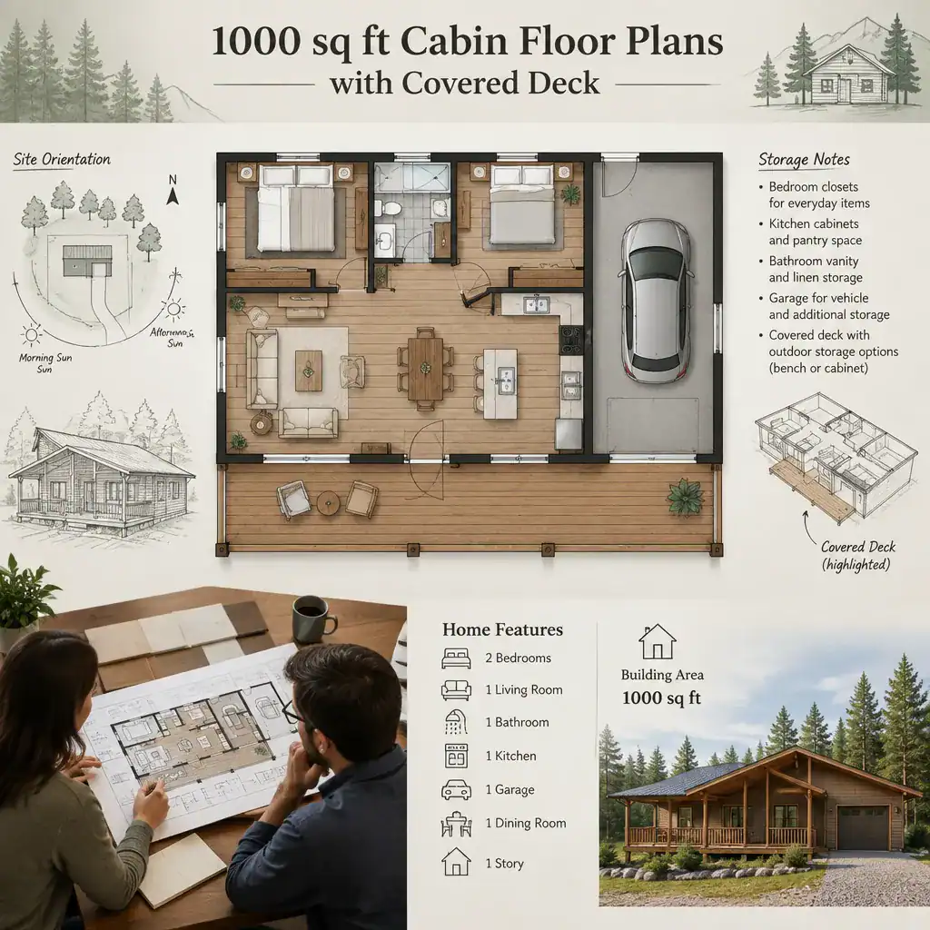 Reviewing a 1000 sq ft cabin floor plan with covered deck