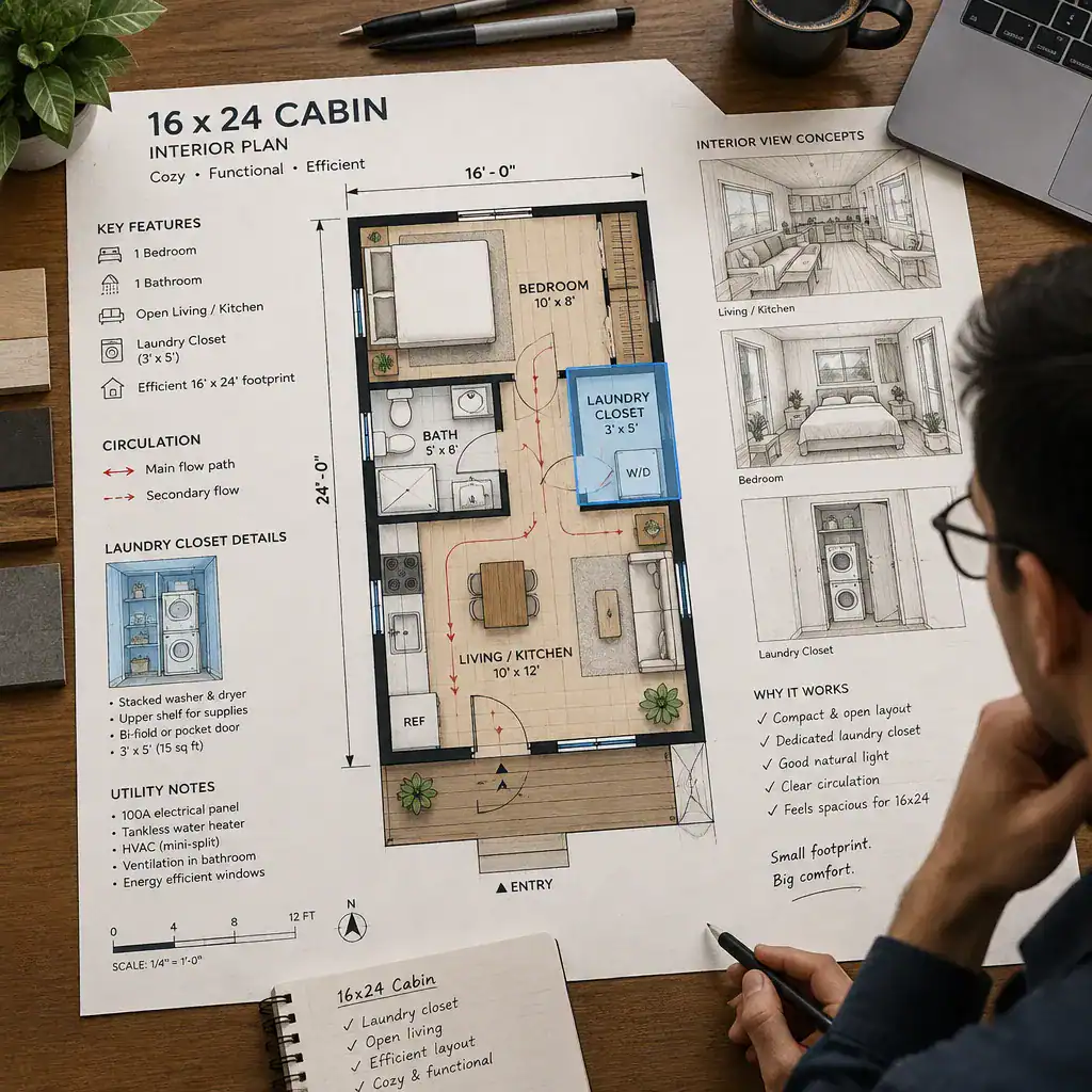 Reviewing a 16x24 cabin floor plan with laundry closet