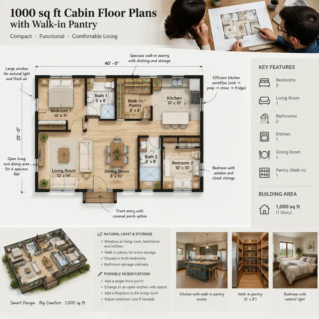 Reviewing a cabin floor plan with walk-in pantry