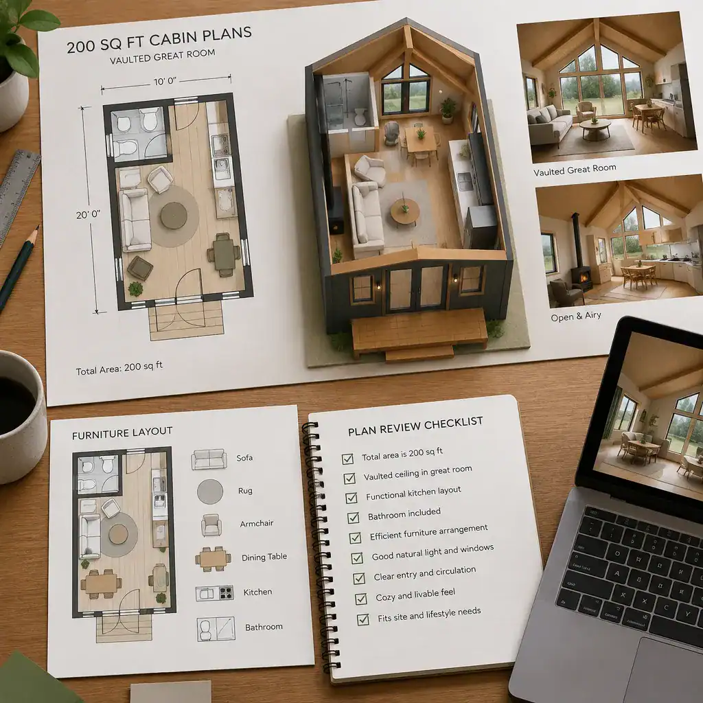 Reviewing a compact cabin plan with vaulted great room