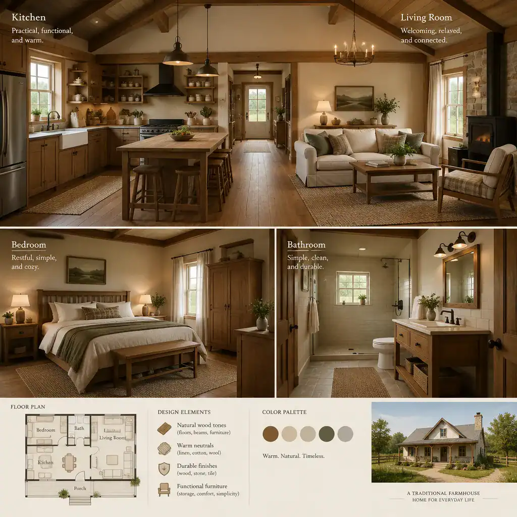 Room-by-room traditional farmhouse kitchen living room bedroom and bathroom