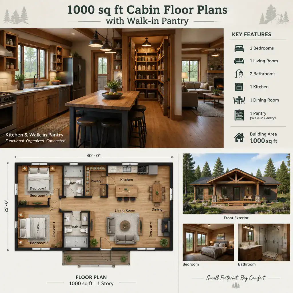 Rustic cabin kitchen with organized walk-in pantry