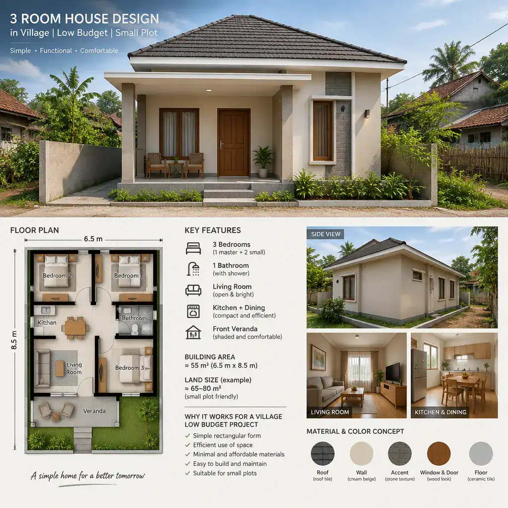 Simple low-budget villa exterior in a village setting