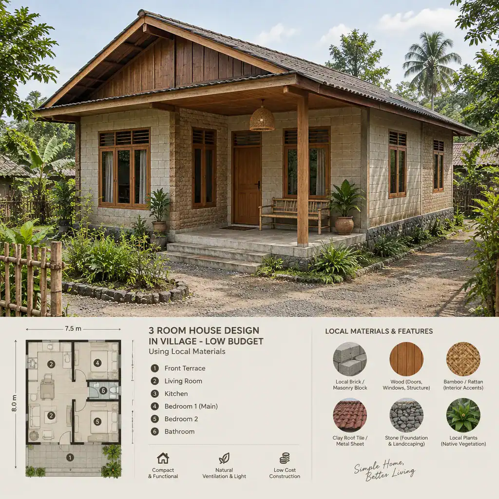 Simple low-budget village villa exterior with local materials