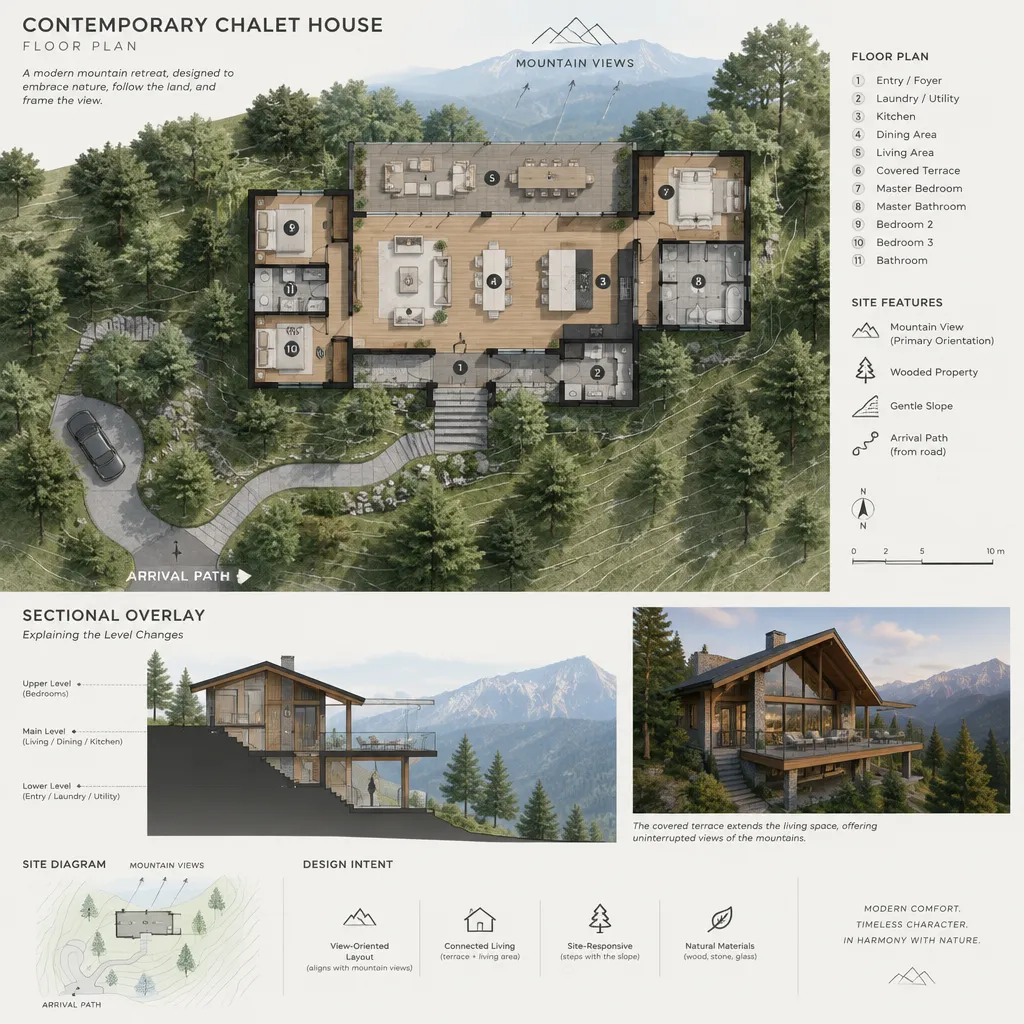 Site-responsive contemporary chalet floor plan with terrace