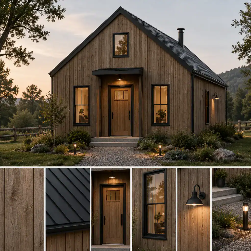 Small barn house showing cohesive siding, roof, and entry details