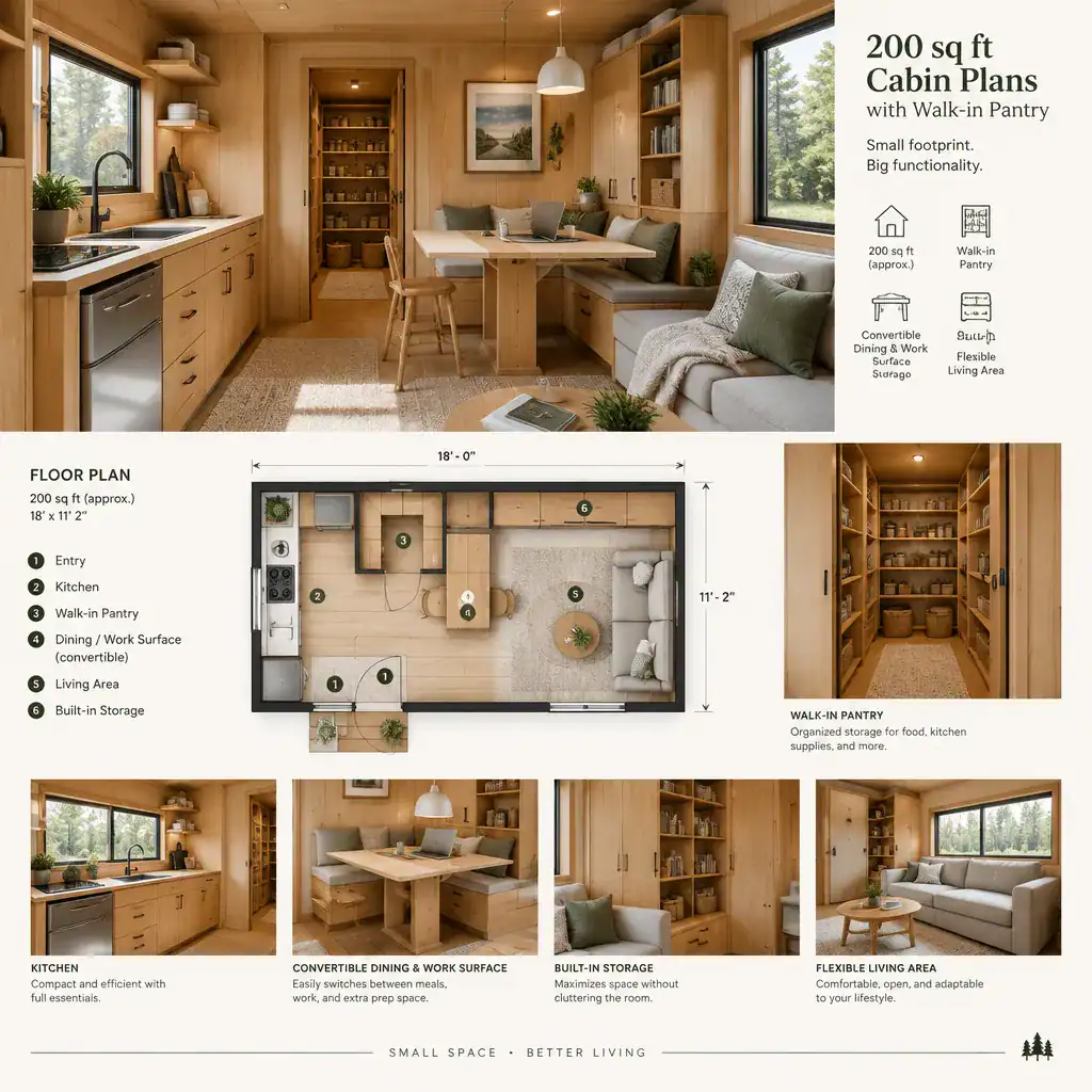 Small cabin interior balancing a walk-in pantry with flexible living space