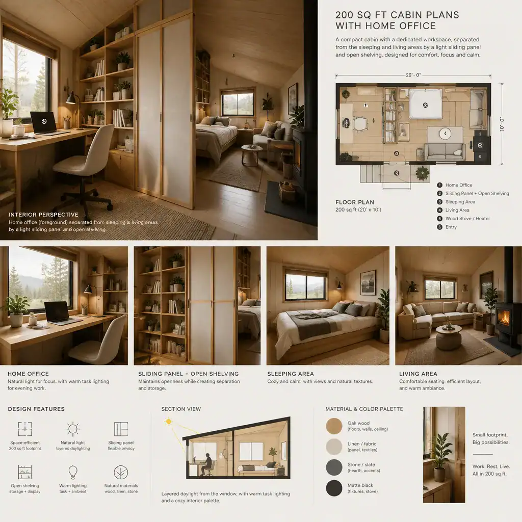 small cabin office with flexible privacy divider