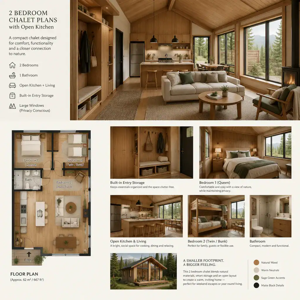 Space-saving chalet interior with timber details and built-in storage