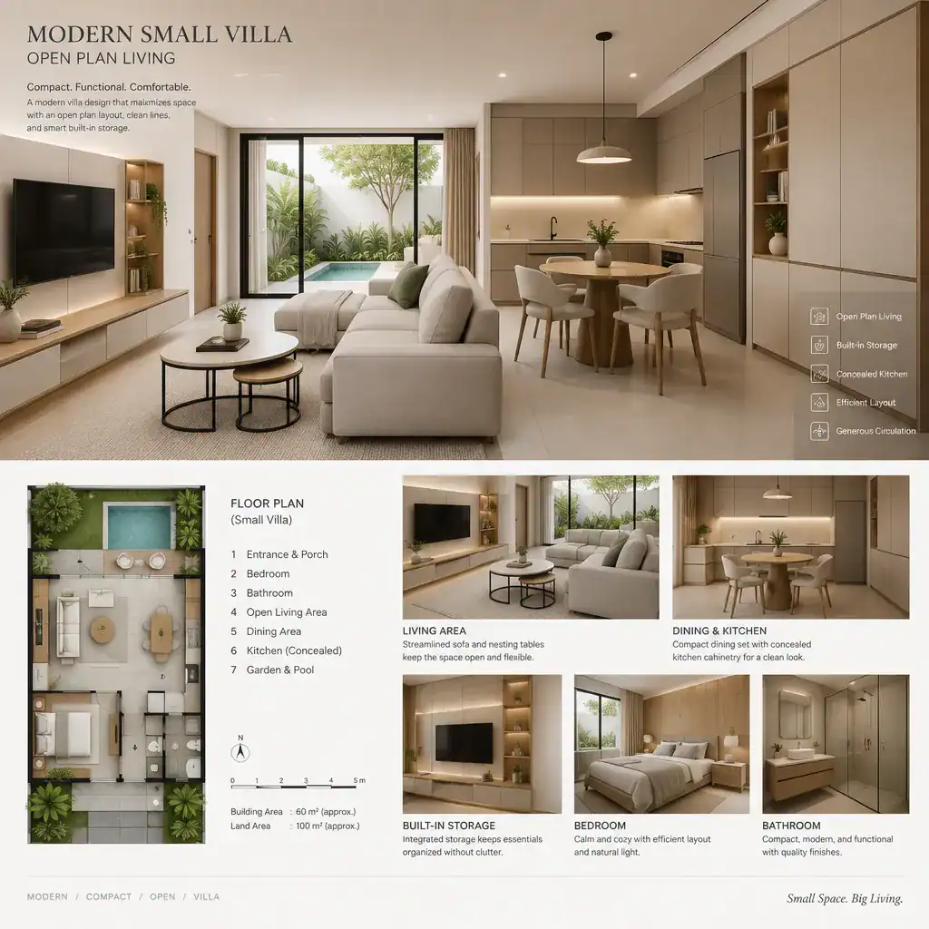 Space-saving furniture and built-in storage in a modern villa