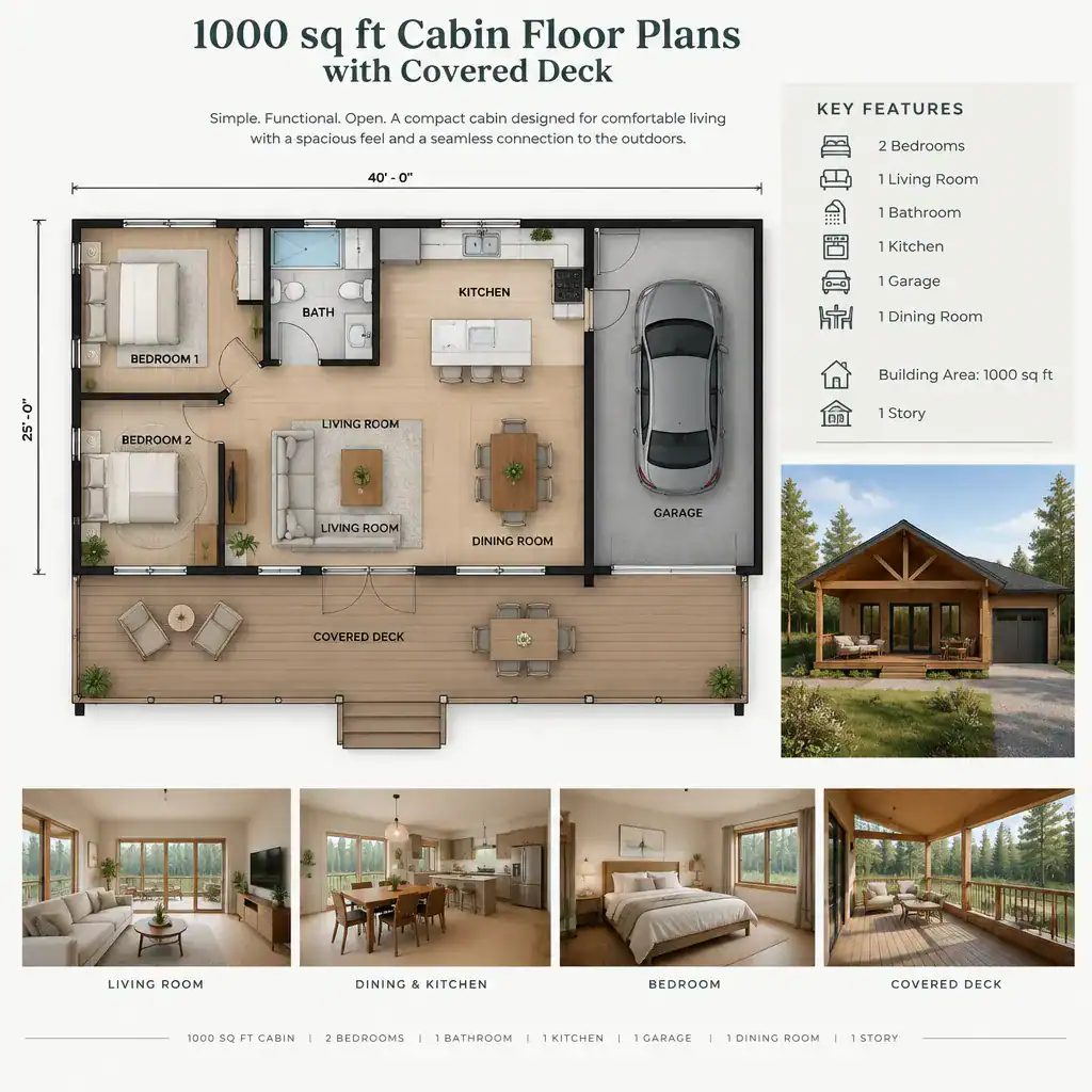 Spacious compact cabin interior connected to a covered deck