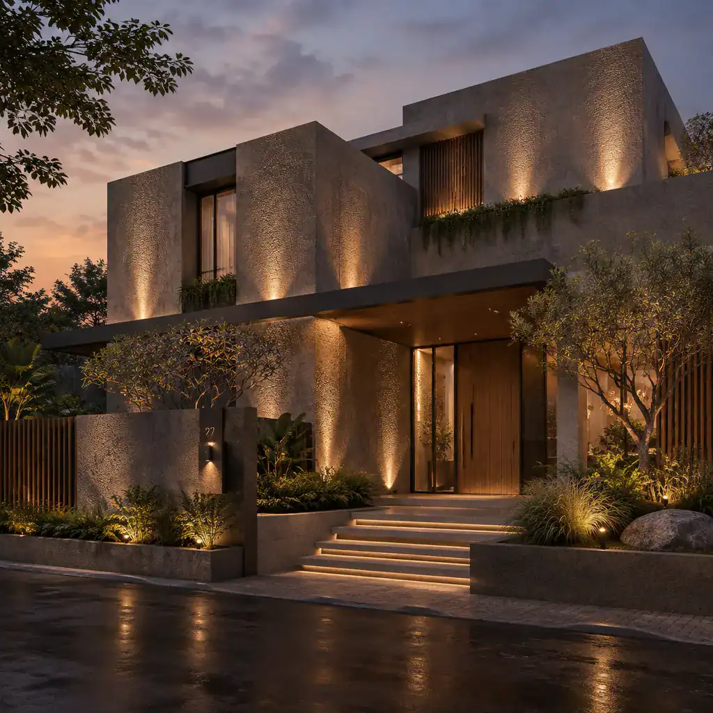 Textured concrete villa illuminated with warm exterior lighting